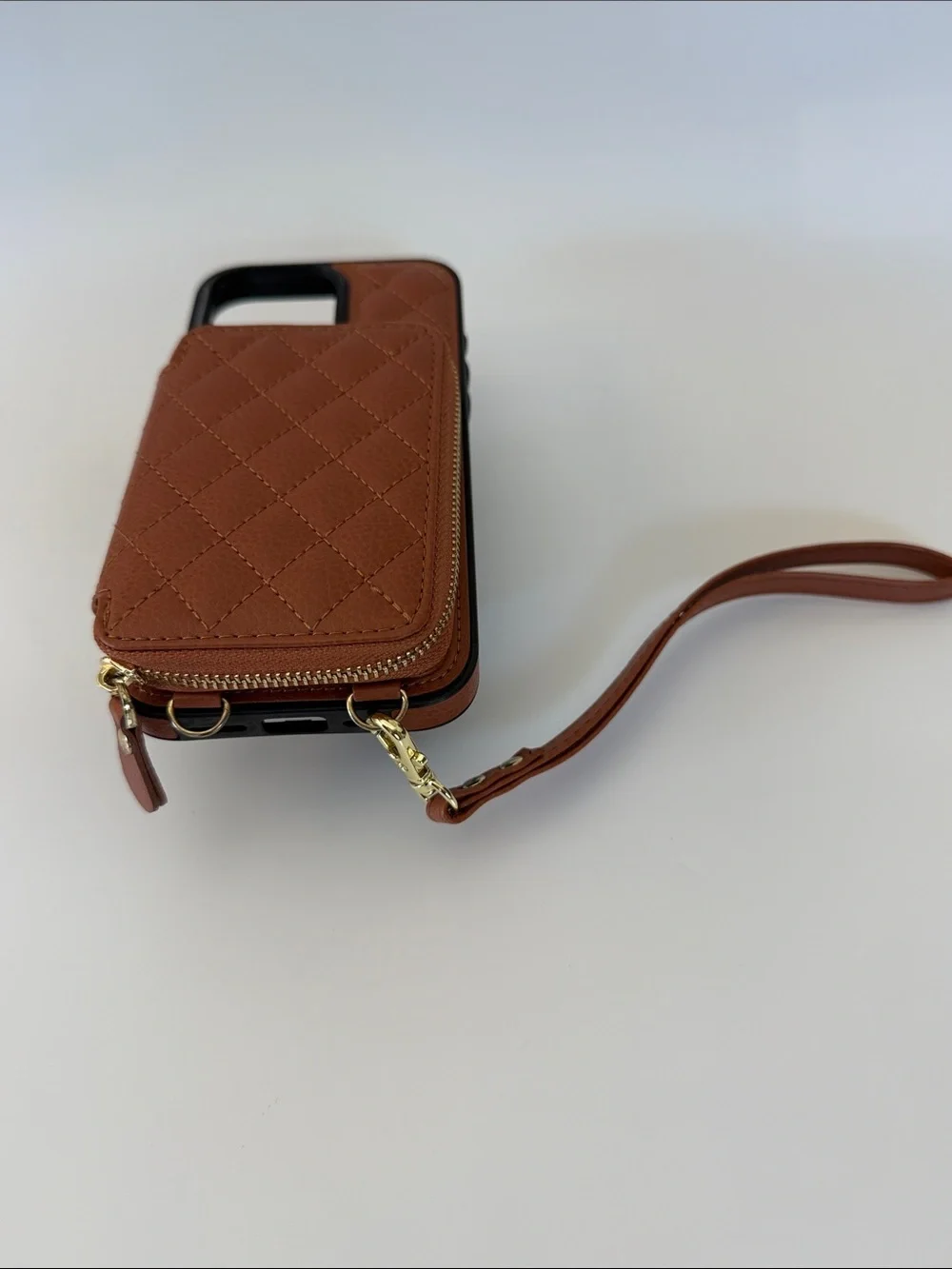 Brown Quilted Zipper Wallet Phone Case for iPhone 16 ProMax